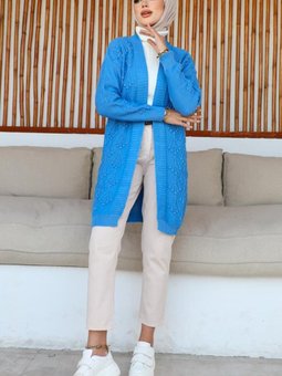 372 Kiraz Kabartmalı Triko Hırka Mavi