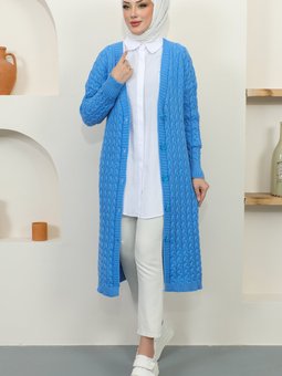 377 Düğmeli Uzun Triko Hırka Mavi