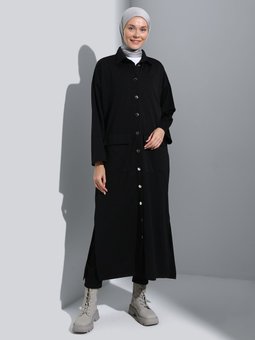 Cep Ve Metal Düğme Detaylı Uzun Siyah Kap