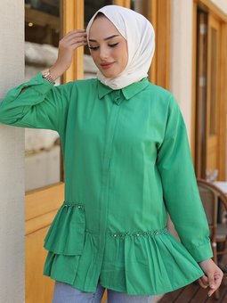 Altı Fırfır Detay Boncuklu Gömlek Tunik 319 Yeşil