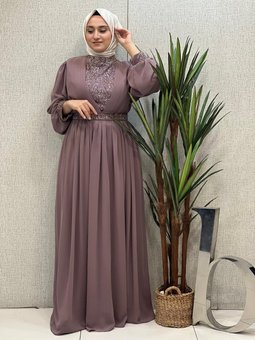 Kemeri Taş Işleme Şifon Abiye Elbise