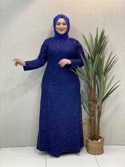 Saks Mavisi Güpür Abiye Elbise