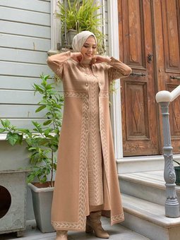 Desenli Parça Detaylı Düğmeli Triko Hırka 23307 Taba