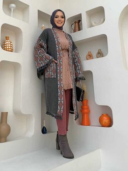 Etnik Desen Cep Detaylı Triko Hırka 1679 Füme