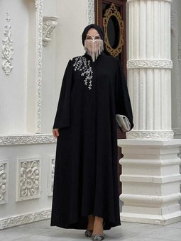 Omuz Taş İşlemeli Bel Bağlamalı Ferace 7805 Siyah