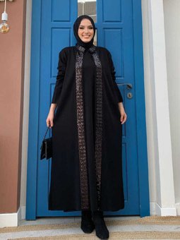 Önü Boydan Pul İşlemeli Triko Hırka 23315 Siyah