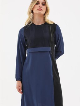 Fermuar Aksesuarlı File Detaylı Gece Mavisi Tunik