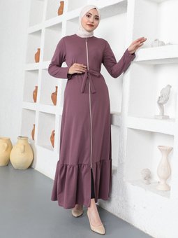 Fermuarlı Kuşaklı Lila Ferace