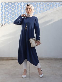 Kolye Detaylı İndigo Tunik