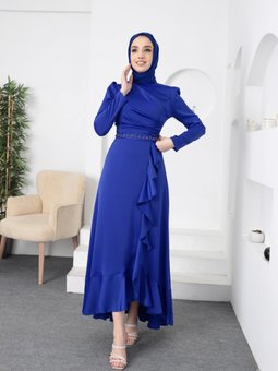 Mavi Kuşağı Boncuklu Saten Abiye Elbise