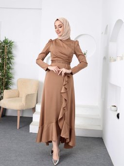 Taba Kuşağı Boncuklu Saten Abiye Elbise