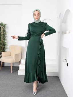 Zümrüt Yeşili Kuşağı Boncuklu Saten Abiye Elbise