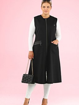 Kadin Uzun Kolsuz Fermuarli Yelek Deri Cepli Ottoman Siyah