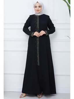 Işıl Taş Detaylı Büyük Beden Siyah Ferace