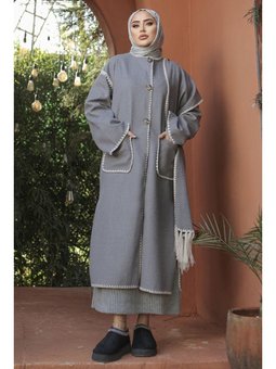 Atkılı Cepli Kaşe Uzun Gri Ceket