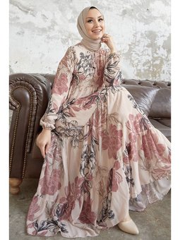 Jalya Yakası Düğmeli İpli Şifon Pudra Elbise