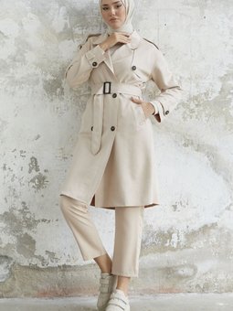 Minka Kuşaklı Scuba Süet Trenç Krem