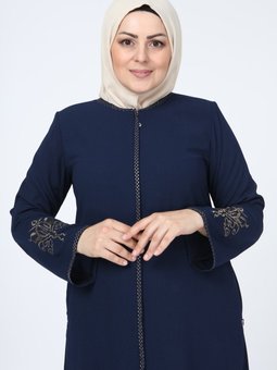 Nakışlı Gizli Fermuarlı Ferace Lacivert