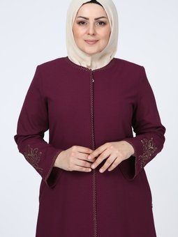 Nakışlı Gizli Fermuarlı Ferace Mürdüm