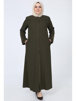 Nakışlı Gizli Fermuarlı Haki Ferace