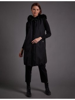 File Garnili Tüylü Dik Yaka Yelek Siyah