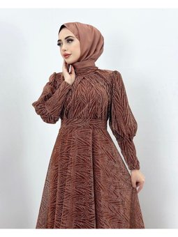 Kendinden Desenli Simli Dokuma Tül Abiye Elbise Merveplume