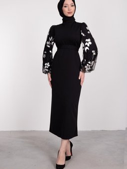 Kolları Gold Detaylı Kuşaklı Elbise Gümüş