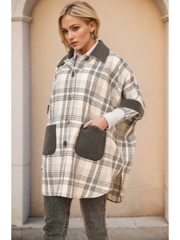 Düğmeli Ekose Desenli Ekru Panço