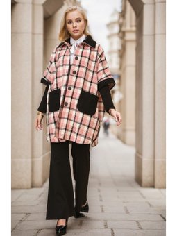 Düğmeli Ekose Desenli Gül Kurusu Panço