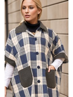 Düğmeli Ekose Desenli İndigo Panço