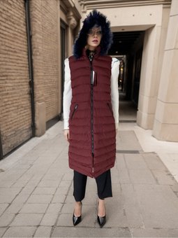 Kürk Kapüşonlu Kemerli Şişme Bordo Yelek