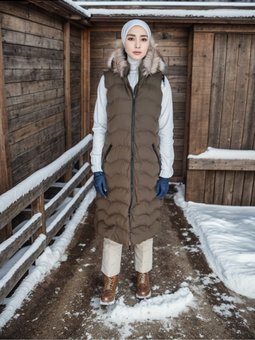 Kürk Kapüşonlu Şişme Haki Yelek