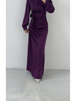 Büzgü Ve Düğüm Detaylı Saten Abiye Elbise Mor