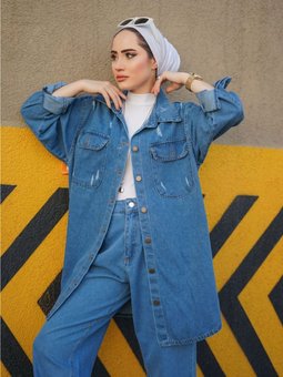 Mavi Yıpratmalı Kot Ceket