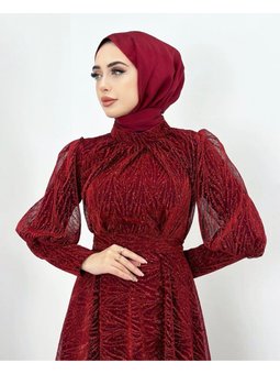 Kendinden Desenli Simli Dokuma Tül Abiye Elbise