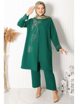 Büyük Beden Pantolon Tunik Abiye Elbise Takım Yeşili Zümrüt
