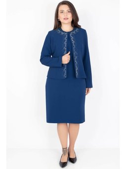 Büyük Beden Taşlı Ceket Etek Takım Lacivert