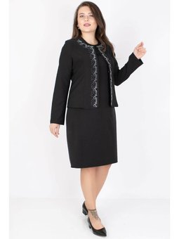 Büyük Beden Taşlı Ceket Etek Takım Siyah