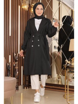 Düğme Detaylı Siyah Trençkot