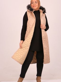 Bej Büyük Beden Kapitone Çıkarılabilir Kapüşonlu Yelek