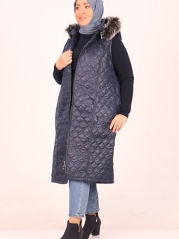 Lacivert Büyük Beden Kapitone Çıkarılabilir Kapüşonlu Yelek