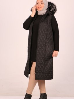 Siyah Büyük Beden Kapitone Çıkarılabilir Kapüşonlu Yelek