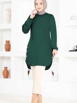 Düğme Detay Tunik Msl1177 Zümrüt Yeşili