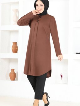 Düğme Detay Tunik Msl1180 Kahverengi
