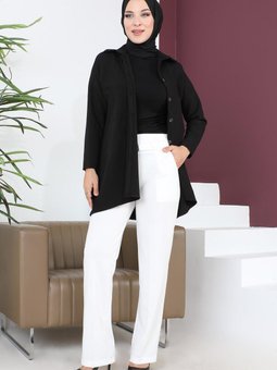 Kemerli Bol Paça Pantolon Beyaz 6084