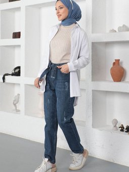 Kemerli Boyfriend Kot Pantolon Mavi 6007