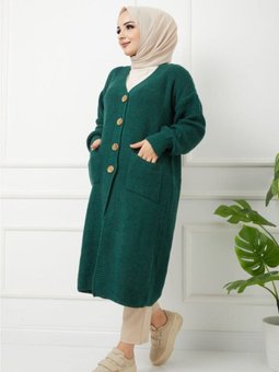 Düğmeli Cepli Yeşil Triko Salaş Hırka