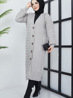 Gri Sepet Örgü Düğmeli Tam Boy Triko Hırka