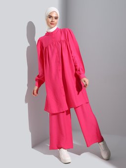 Ayrobin Düğmeli Salaş İkili Fuşya Takım