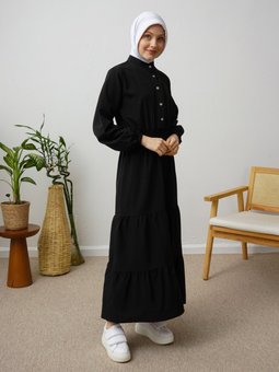 Gipe Detaylı Terikoton Kumaş Siyah Elbise